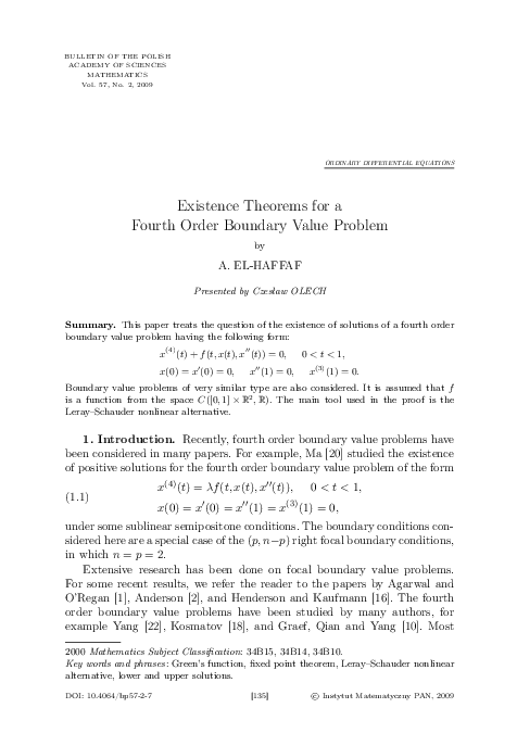 (PDF) Existence Theorems for a Fourth Order Boundary Value Problem