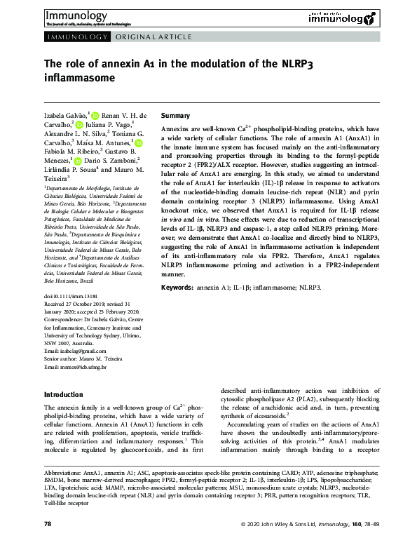 (PDF) The role of annexin A1 in the modulation of the NLRP3 inflammasome