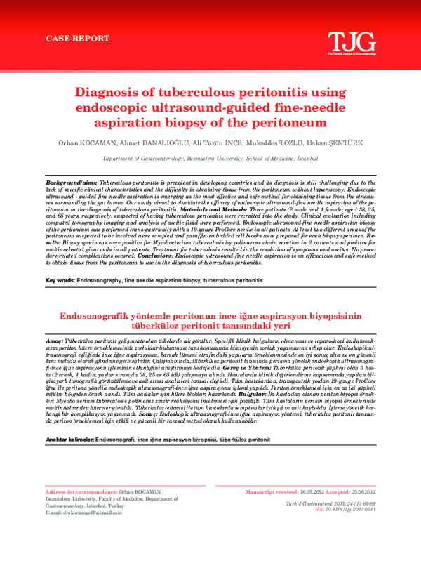 Diagnosis of tuberculous peritonitis using endoscopic ultrasound-guided fine-needle aspiration biopsy of the peritoneum