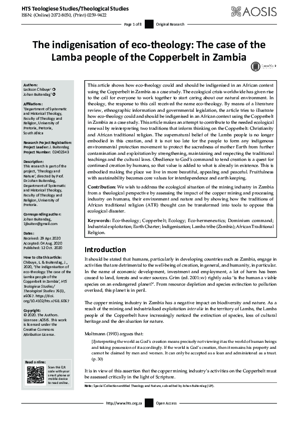(PDF) The indigenisation of eco-theology: The case of the Lamba people ...
