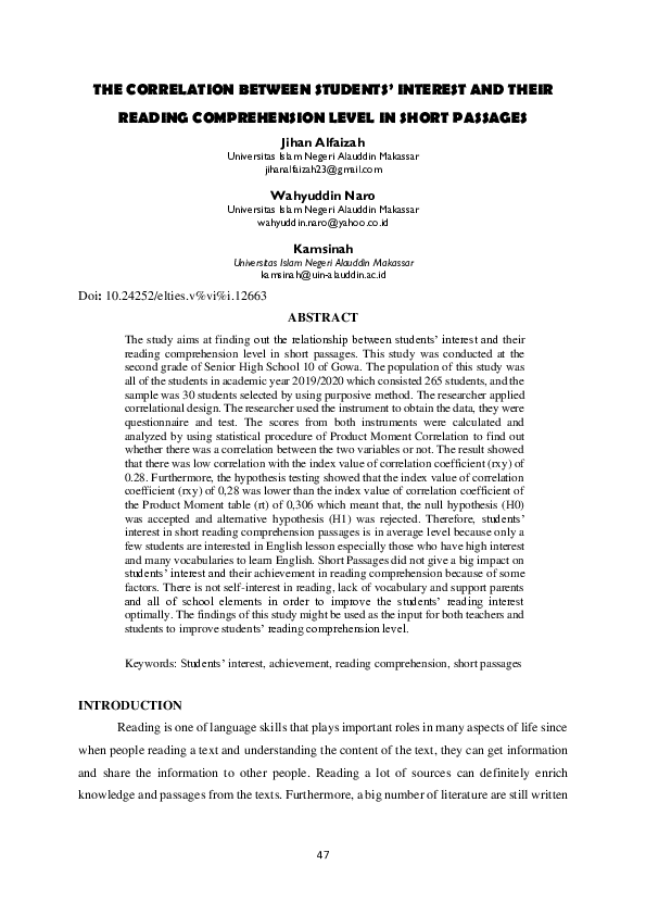 (PDF) The Correlation Between Students’ Interest and Their Reading ...