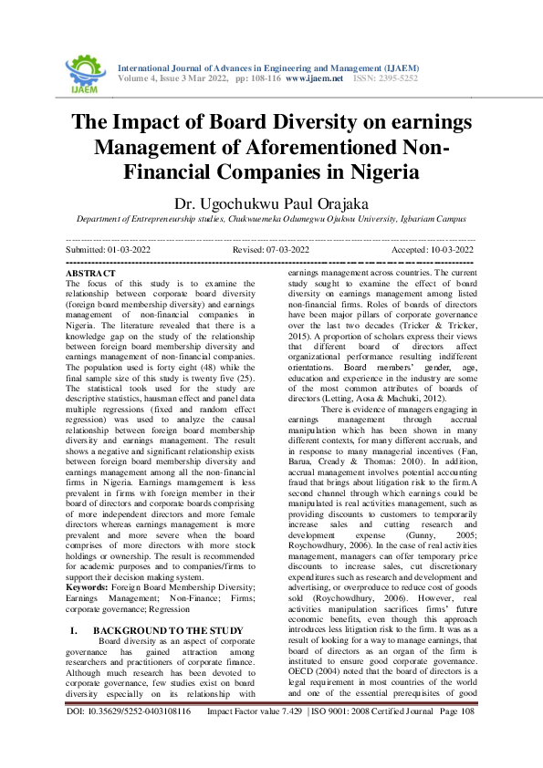 (PDF) The Impact of Board Diversity on earnings Management of ...