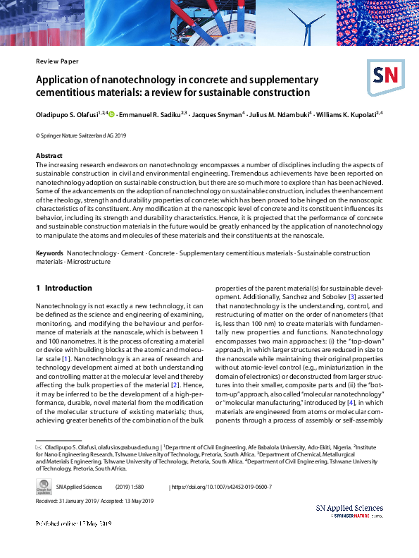 (PDF) Application of nanotechnology in concrete and supplementary ...