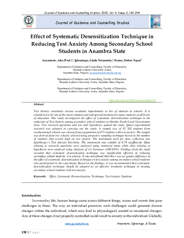 (PDF) Effect of Systematic Desensitization Technique in Reducing Test ...