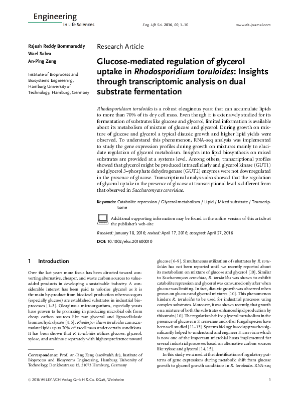 (PDF) Glucose-mediated regulation of glycerol uptake inRhodosporidium ...