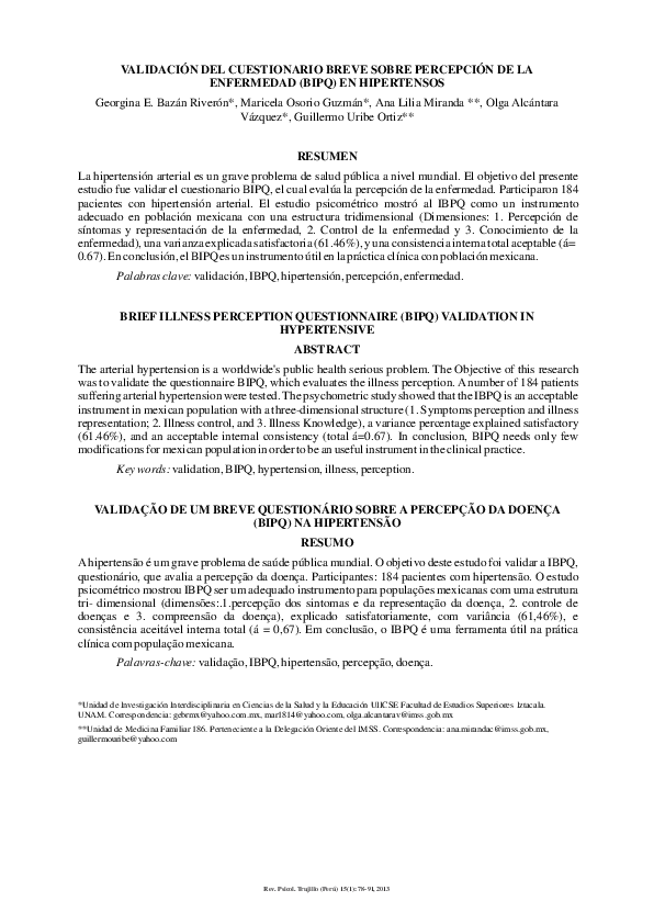 (PDF) Validación Del Cuestionario Breve Sobre Percepción De La ...
