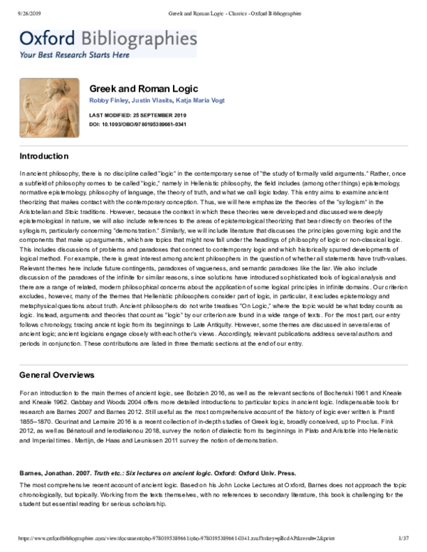 (PDF) Greek and Roman Logic Justin Vlasits Academia.edu