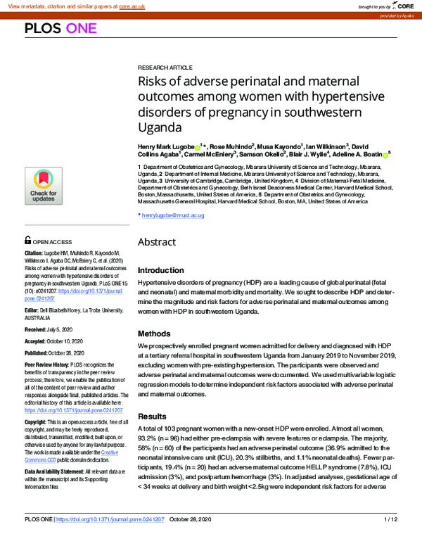 (PDF) Risks of adverse perinatal and maternal outcomes among women with ...