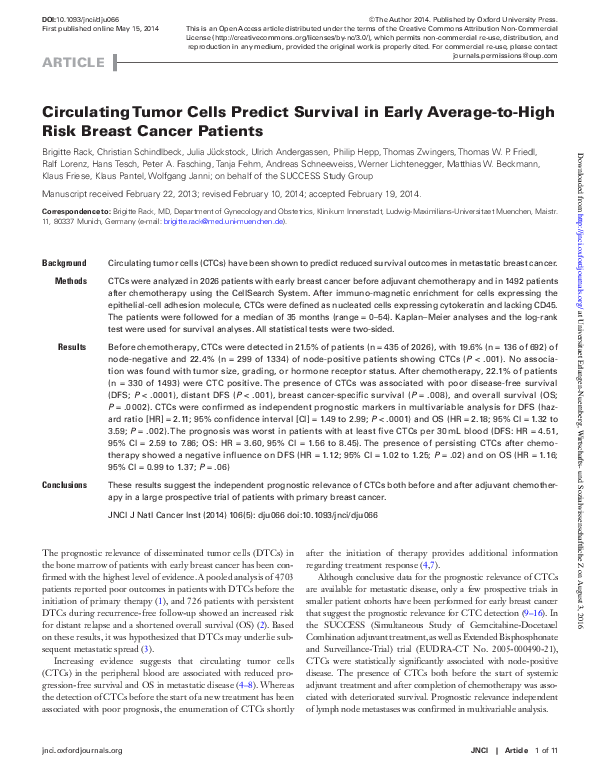 (PDF) Circulating Tumor Cells Predict Survival in Early Average-to-High ...
