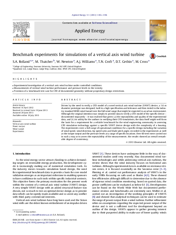 (PDF) Benchmark experiments for simulations of a vertical axis wind turbine