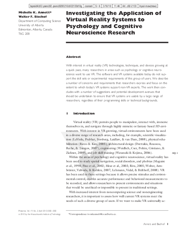 (PDF) Investigating the Application of Virtual Reality Systems to ...