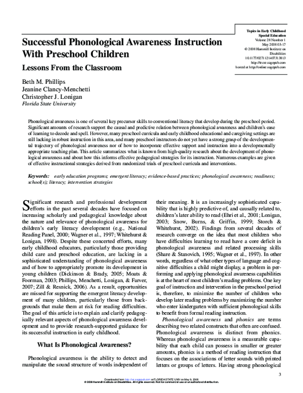 (PDF) Successful Phonological Awareness Instruction With Preschool Children