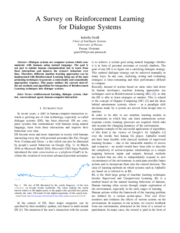 (PDF) A Survey on Reinforcement Learning for Dialogue Systems