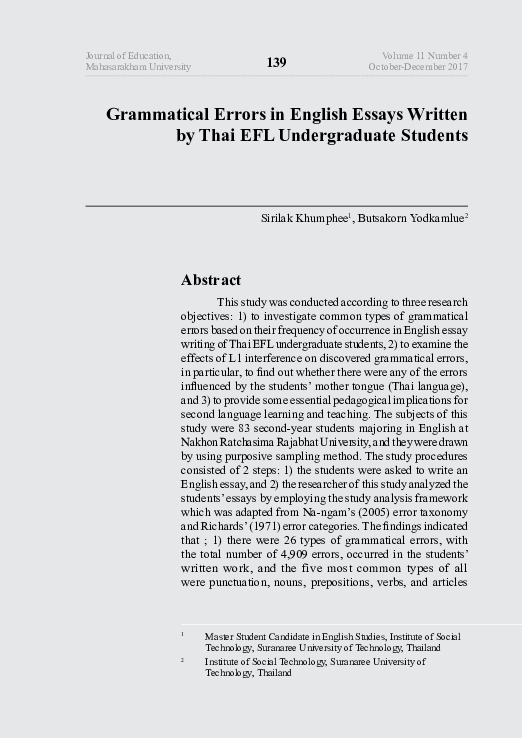 (PDF) Grammatical Errors in English Essays Written by Thai EFL ...