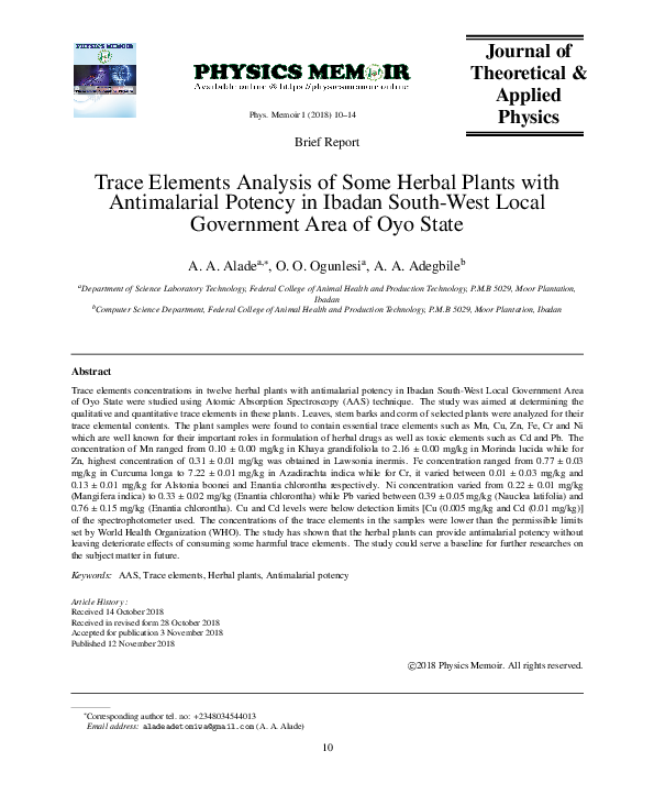 (PDF) Trace Elements Analysis of Some Herbal Plants with Antimalarial ...