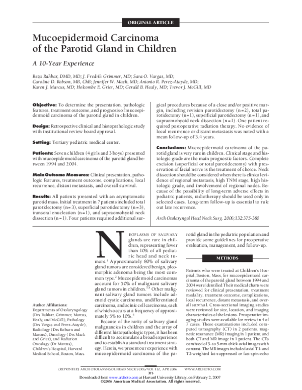 (PDF) Mucoepidermoid Carcinoma of the Parotid Gland in Children