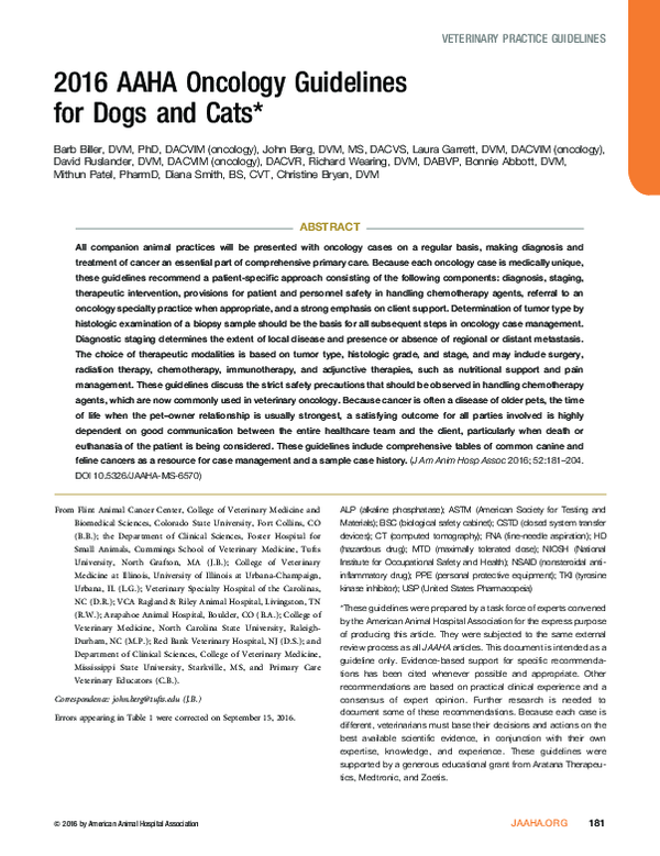 (PDF) 2016 AAHA Oncology Guidelines for Dogs and Cats David Ruslander