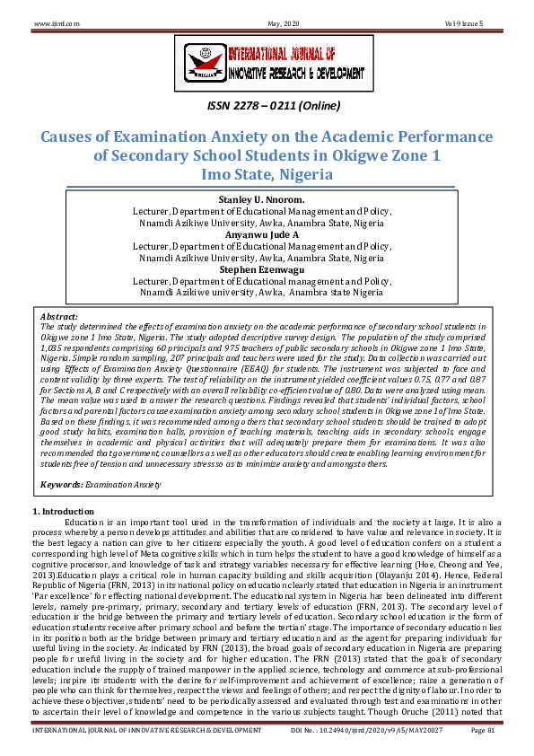 (PDF) Causes of Examination Anxiety on the Academic Performance of ...