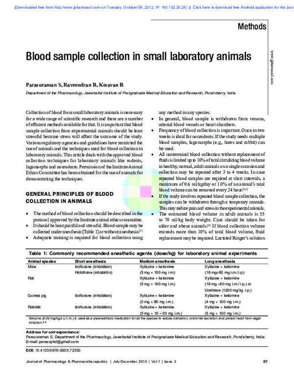 (PDF) Blood sample collection in small laboratory animals R