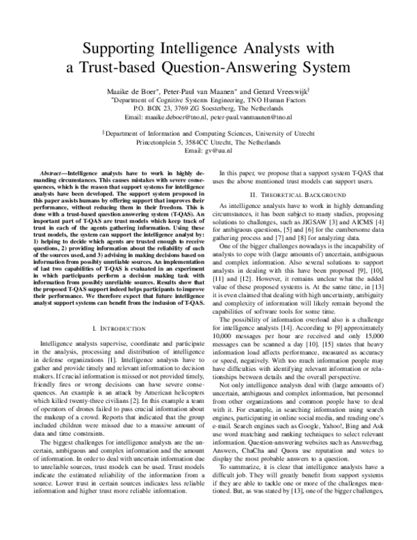 (PDF) Supporting Intelligence Analysts with a Trust-Based Question ...