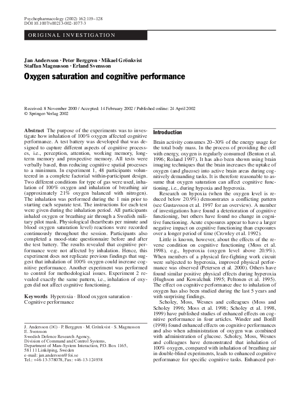 (PDF) Oxygen saturation and cognitive performance