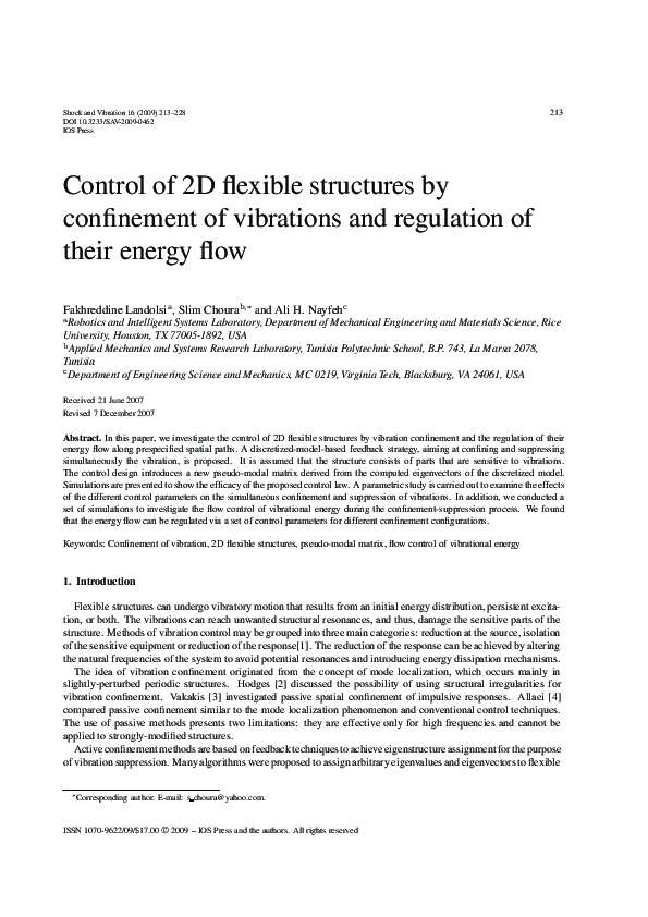 (PDF) Control of 2D Flexible Structures by Confinement of Vibrations ...