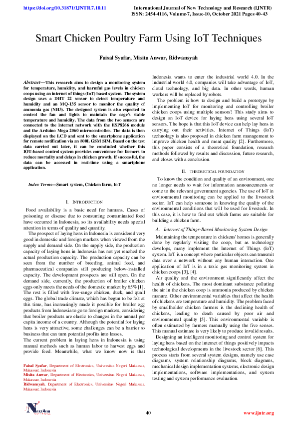 (PDF) Smart Chicken Poultry Farm Using IoT Techniques