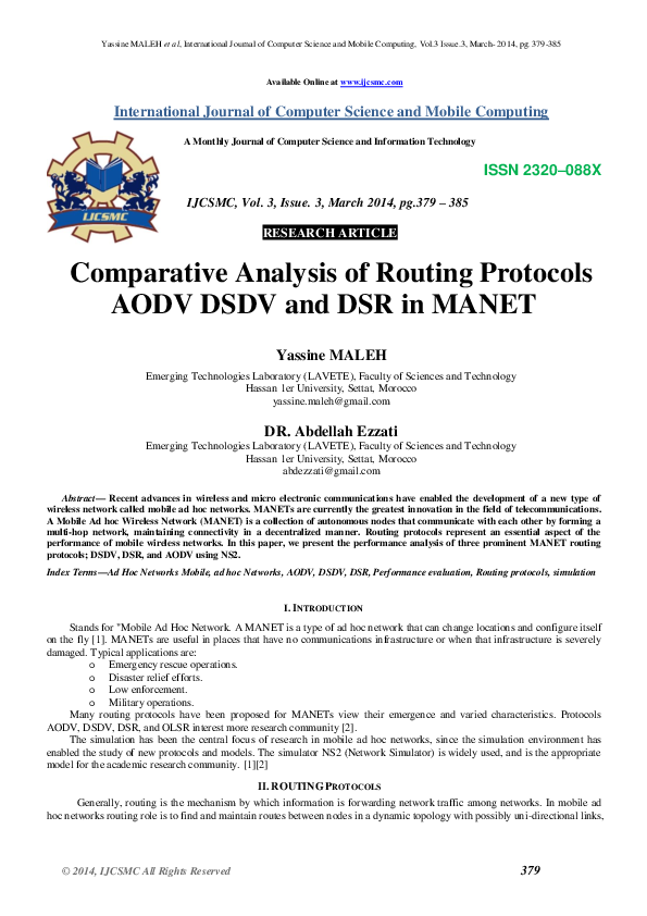 (PDF) Comparative Analysis of Routing Protocols AODV DSDV and DSR in MANET