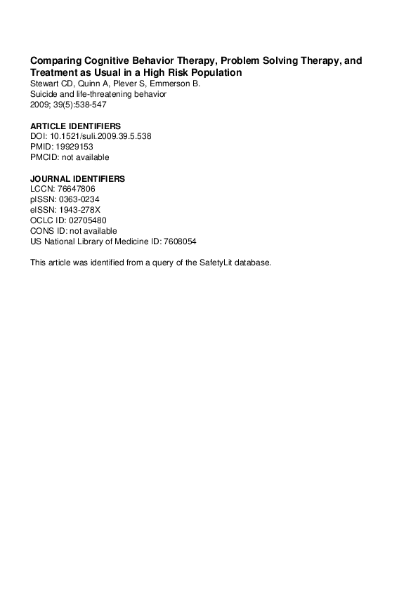 (PDF) Comparing Cognitive Behavior Therapy, Problem Solving Therapy ...