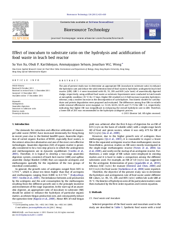 (PDF) Effect of inoculum to substrate ratio on the hydrolysis and ...