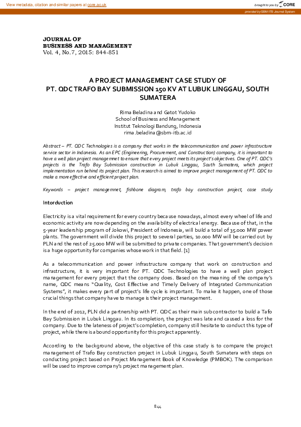 (PDF) A Project Management Case Study of PT QDC Trafo Bay Submission ...