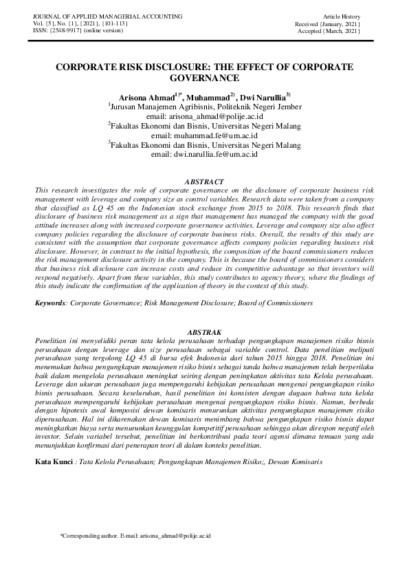 (PDF) Corporate Risk Disclosure: The Effect of Corporate Governance