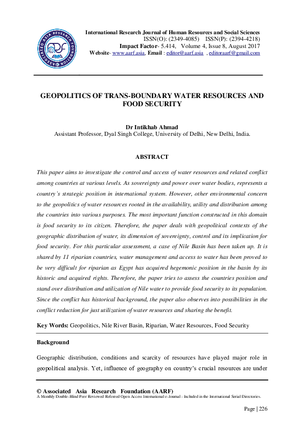 (PDF) Geopolitics of Trans-Boundary Water Resources and Food Security