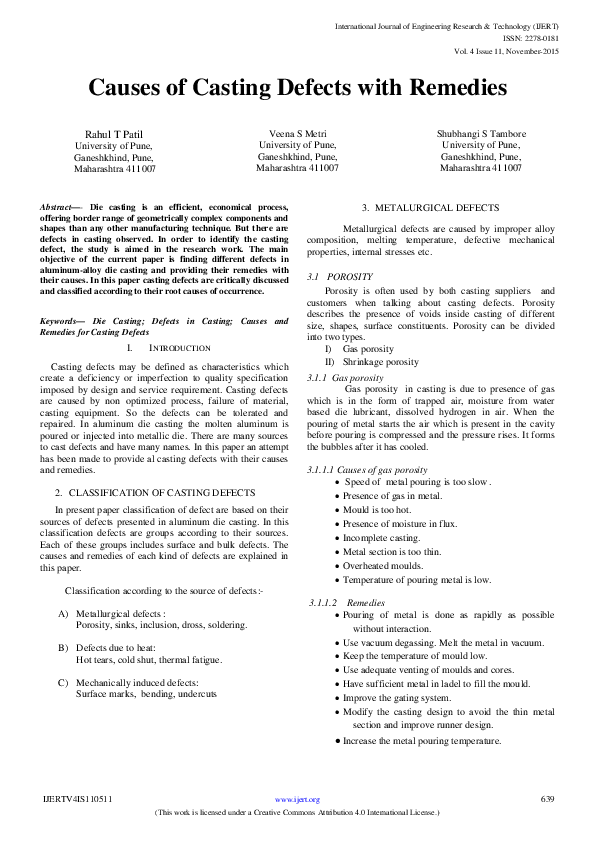 (PDF) Causes of Casting Defects with Remedies veena metri Academia.edu