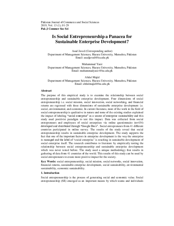 (PDF) Is social entrepreneurship a panacea for sustainable enterprise ...