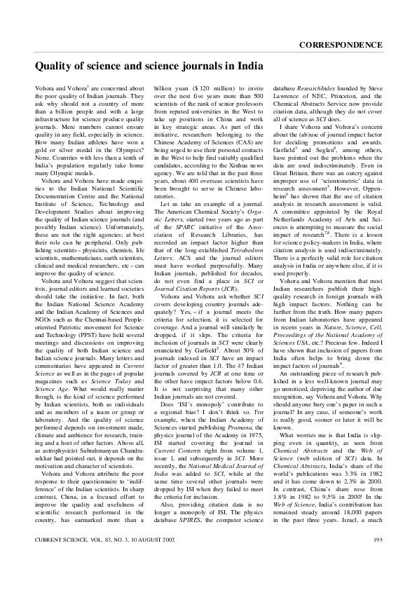 (PDF) Quality of science and science journals in India