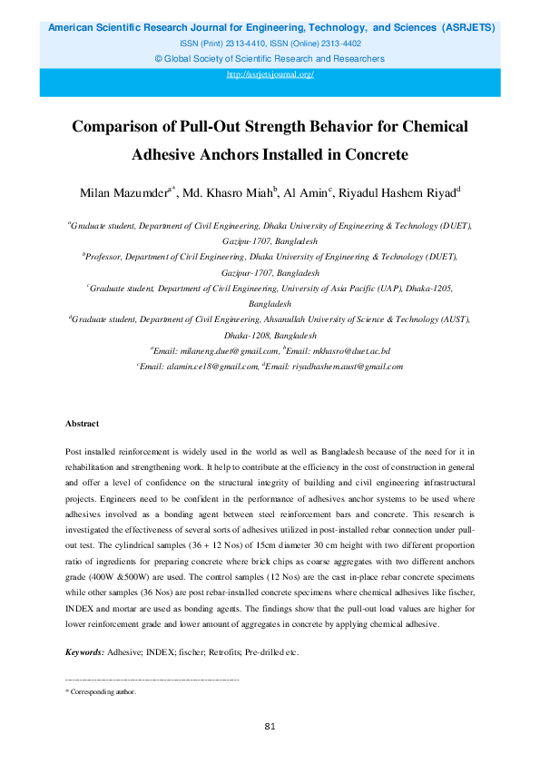 (PDF) Comparison of Pull-Out Strength Behavior for Chemical Adhesive ...