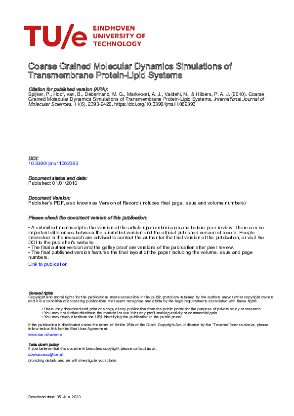 (PDF) Coarse Grained Molecular Dynamics Simulations of Transmembrane ...