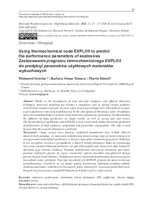 (PDF) Using thermochemical code EXPLO5 to predict the performance ...