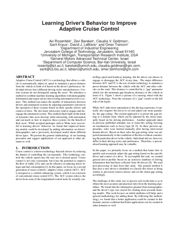 (PDF) Learning Drivers’ Behavior to Improve Adaptive Cruise Control
