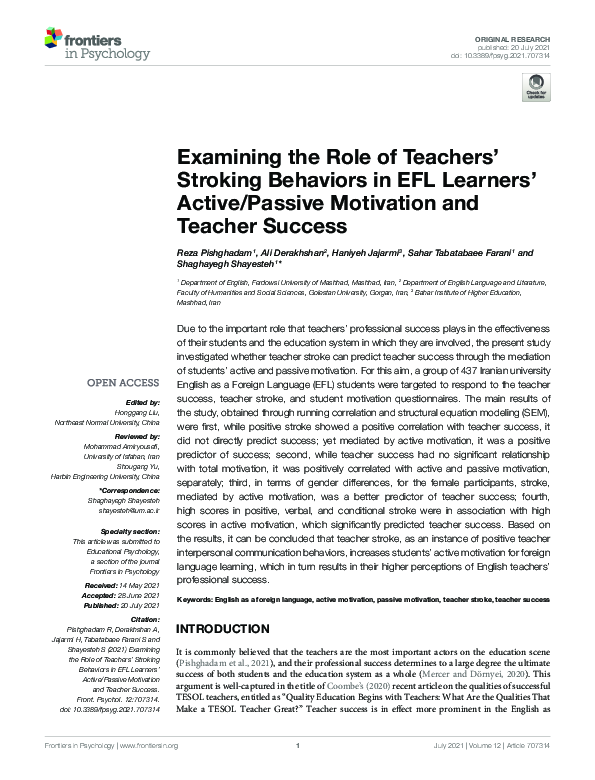 (PDF) Examining the Role of Teachers’ Stroking Behaviors in EFL ...