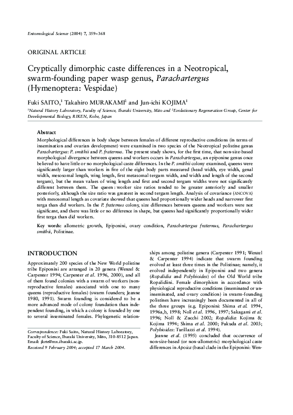 (PDF) Cryptically dimorphic caste differences in a Neotropical, swarm ...
