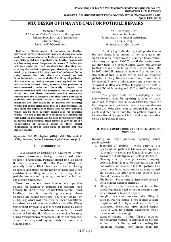 (PDF) Mix Design Of Hma And Cma For Pothole Repairs