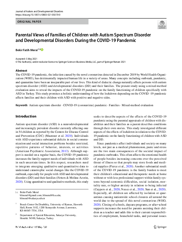 (PDF) Parental Views of Families of Children with Autism Spectrum ...