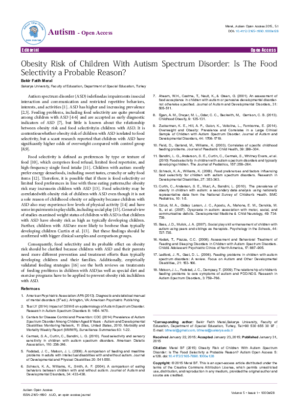 (PDF) Obesity Risk of Children With Autism Spectrum Disorder: Is The ...
