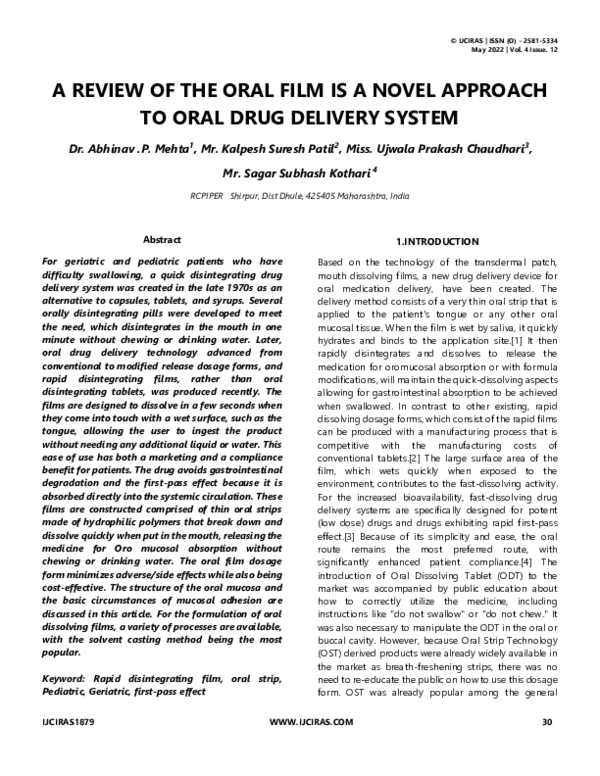 (PDF) A REVIEW OF THE ORAL FILM IS A NOVEL APPROACH TO ORAL DRUG ...