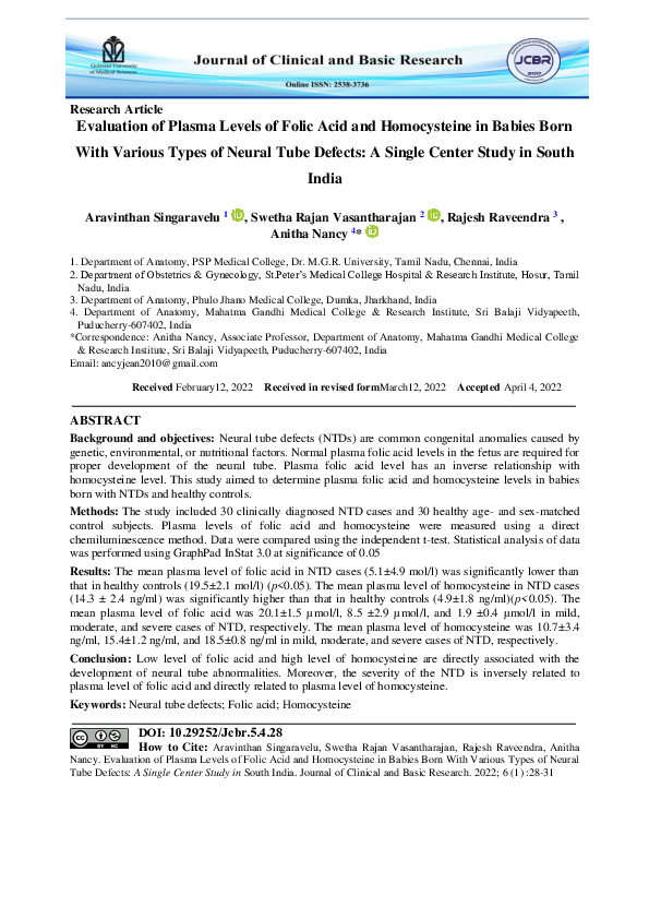 (PDF) Evaluation of Plasma Levels of Folic Acid and Homocysteine in ...