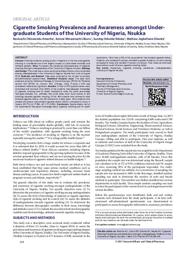 PDF) Cigarette Smoking Prevalence and Awareness amongst Undergraduate  Students of the University of Nigeria, Nsukka