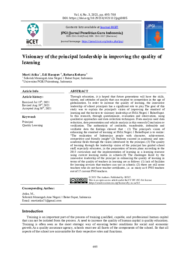 (PDF) Visionary of the principal leadership in improving the quality of ...