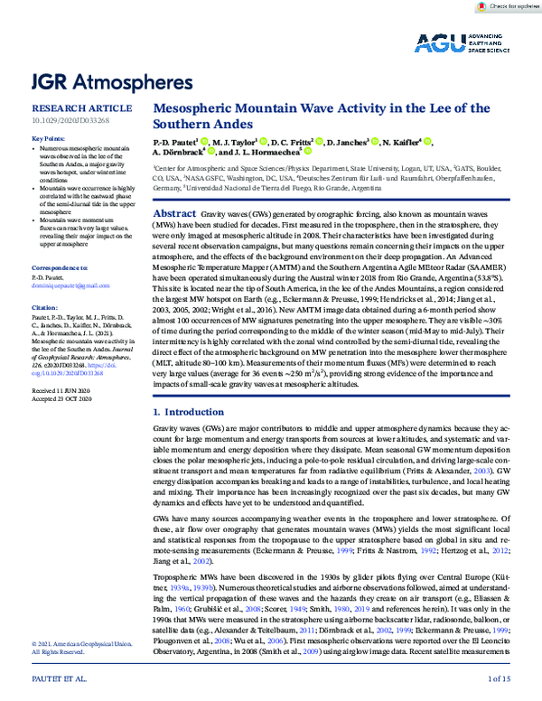 (PDF) Mesospheric Mountain Wave Activity in the Lee of the Southern Andes